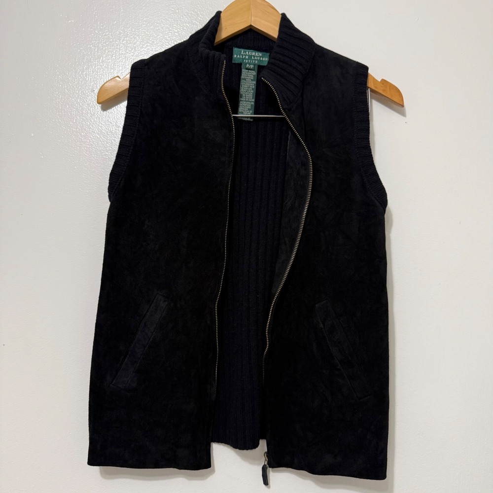Lauren Ralph Lauren Petite Suede Leather Merino Wool Cashmere Vest Black P/P